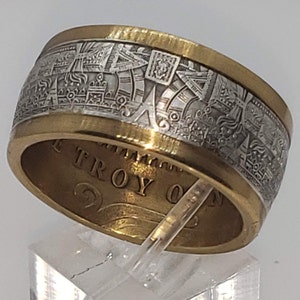 1oz 13mm Aztec Mayan Calendar 9999 Solid Silver Coin Ring (Tonatiuh Sun Stone ~ Emperor Cuauhtémoc) Coin forged into a Ring (US Sizes 4-24)
