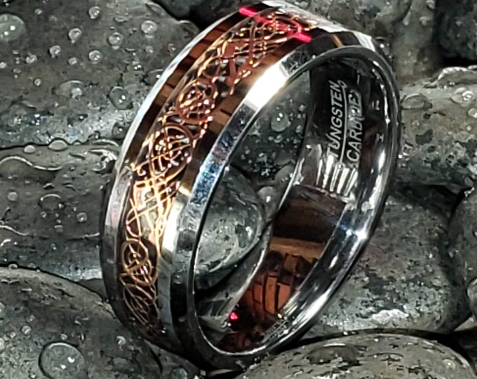 8mm Silver w/ 18K Rose Gold over Black Celtic Dragon Tungsten Carbide Classic Wedding Band (Good Luck Ring) US Size 4-17