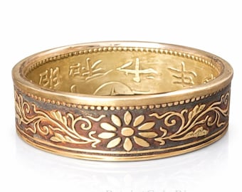 6mm Coin Ring (Bronze & Cream), Japanese Jewelry, Floral Cherry Blossom Coin Ring, Paulownia 1 Sen 1916-1938 (US Size 3-14)