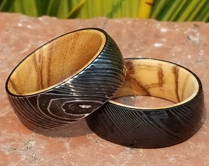 Genuine Damascus & Premium Quality Bethlehem /Holy Land /Figured Olive Wood Innerband Ring in your choice of Stain and Finish!