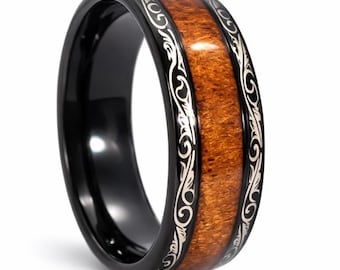8mm Koa wood and Black Tungsten Carbide Ring w/ Wood Dome Inlay & Inner Wedding Band Comfort Fit