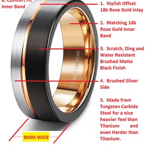 8mm US Ring Sizes 5-16 Black & Silver Brushed Tungsten Carbide w/ 18k Rose Gold Wedding Band Men's Wedding Bands, Engagement Rings, image 2