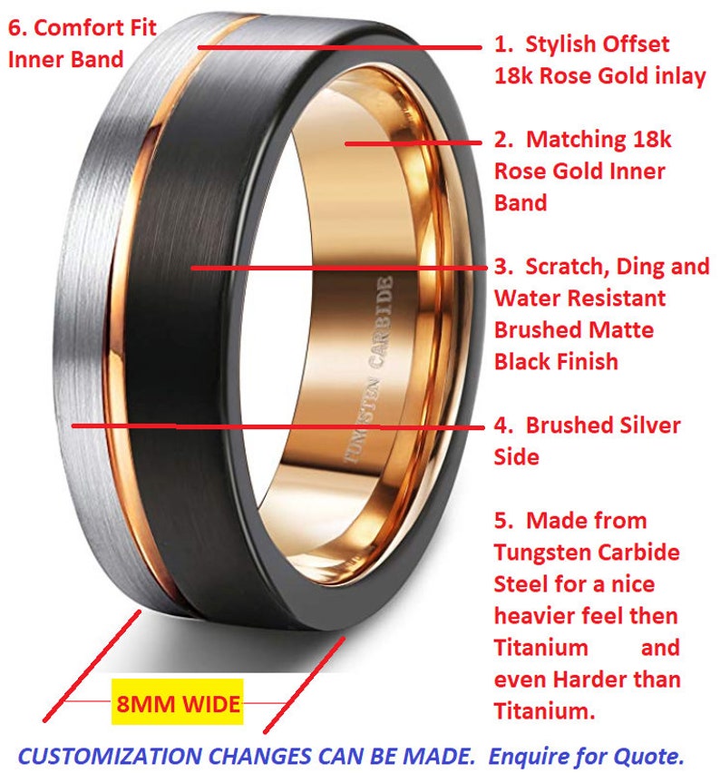 8mm US Ring Sizes 5-16 Black & Silver Brushed Tungsten Carbide w/ 18k Rose Gold Wedding Band Men's Wedding Bands, Engagement Rings, image 2