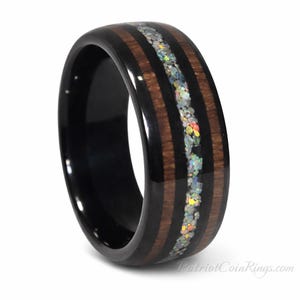 8mm Fire Opal & Koa Wood over Black Tungsten Carbide | Dome Style | Comfort Fit | Wedding Band | Engagement Ring | Anniversary