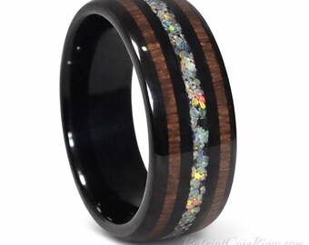 8mm Fire Opal & Koa Wood over Black Tungsten Carbide | Dome Style | Comfort Fit | Wedding Band | Engagement Ring | Anniversary