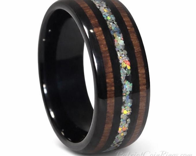 8mm Fire Opal & Koa Wood over Black Tungsten Carbide | Dome Style | Comfort Fit | Wedding Band | Engagement Ring | Anniversary