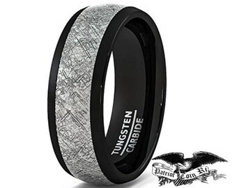 8mm Black Tungsten Carbide Ring Vintage Meteorites Pattern Wedding Engagement Band Domed Comfort Fit engagement rings, anniversary, promise