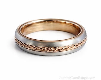 4mm Tungsten Carbide Band in Gun Metal Grey w/ Rose Gold Celtic Inspired Braided Rope Inlay & Rose Gold Inner Band - Comfort Fit - Size 4-10