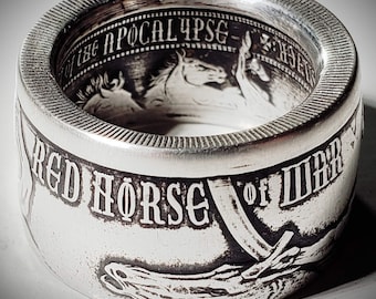 LIMITED EDITION:  "Red Horse Of War" from The Four Horseman Of The Apocalypse Series .999 Solid Silver Coin Ring (1oz Ounce Silver)