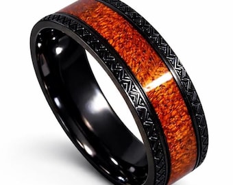 8mm Real Hawaiian KOA Wood Inlay over Braided Style Black Titanium Sides & Comfort Fit, Men's Wedding Band (US SIZE 7-15)