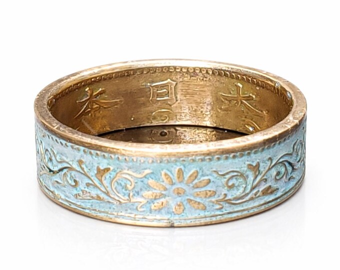 6mm Coin Ring (Bronze & Turquoise Blue), Japanese Jewelry, Floral Cherry Blossom Coin Ring, Paulownia 1 Sen 1916-1938 (US Size 3-14)