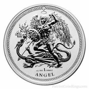A silver coin featuring an angelic figure with wings, holding a shield and sword, riding a dragon.