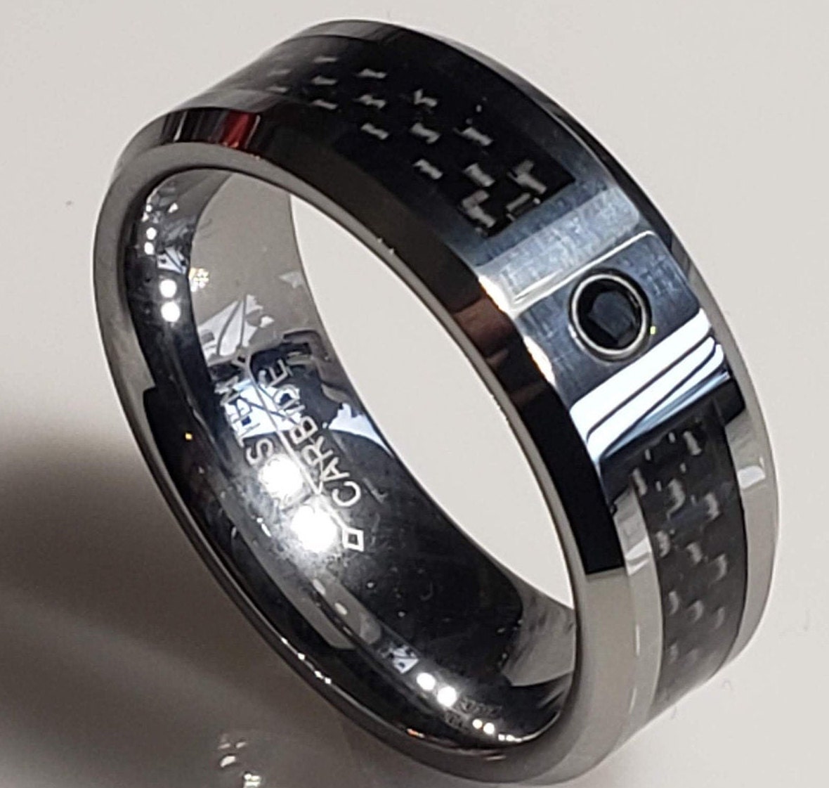 8mm Silver Tungsten Carbide Ring w/ Black Carbon Fiber Inlay and Black