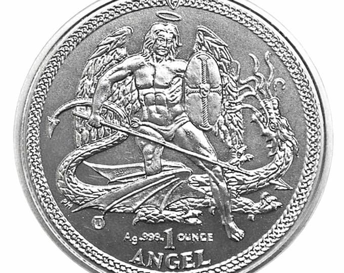 2015 Archangel Michael slaying the Dragon, Coin from Isle of Man, 1 Troy Ounce .999 Pure Fine Silver, Metal Plating Options Available.