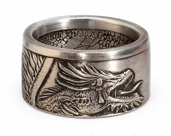 RARE AZTEC "World of Dragons - 1st Series" .999 Solid 1oz Silver Coin Rings (Bikers Ring, Mans Heavy Ring, Fantasy, Birthday Gift for Him)