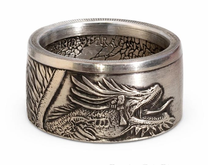 RARE AZTEC "World of Dragons - 1st Series" .999 Solid 1oz Silver Coin Rings (Bikers Ring, Mans Heavy Ring, Fantasy, Birthday Gift for Him)