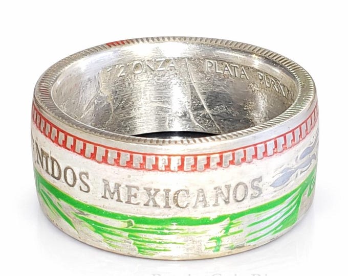 Estados Unidos Mexicanos "COIN RING" Mexican Pure Silver 1/2 oz (half onza) Libertad w/ Proud Colors and Crest of Mexico.  Powder Coated!!!