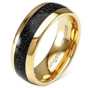 8mm Hawaiian Black Sand Inlaid Into 14k Yellow Gold Tungsten Dome Ring ...