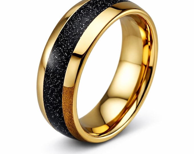 8mm Hawaiian Black Sand Inlaid into 18k Yellow Gold Tungsten Dome Ring!  Unisex for Mens  Wedding Band, Honeymoon, Anniversary (Size 4-18)