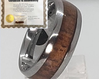 WALT DISNEY Authentic Workshop Wood (1923) set inside the channel of an 8mm Tungsten Steel Channel (Wedding Band, Anniversary Ring) US 5-17