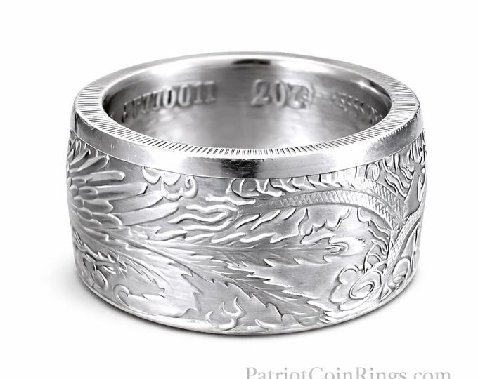 VERY RARE 2017 Dragon & Phoenix  .9999 Pure Silver Dollar Coin Ring (Australian Coin - Tibetan | Chinese Art) Various Precious Metal Options