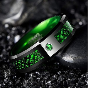 8mm Irish Green Tungsten Carbide Wedding Band, Celtic Dragon, Green Carbon Fiber, Emerald Green, Men’s Ring, Sizes 6-16.