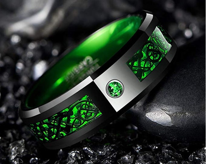 8mm Irish Green Tungsten Carbide Wedding Band, Celtic Dragon, Green Carbon Fiber, Emerald Green, Men’s Ring, Sizes 6-16.