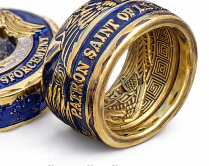 St. Michael Patron Saint of Law Enforcement Challenge Coin Ring!  Powder Coated Police Officer Blue over Brass (other finishes available)