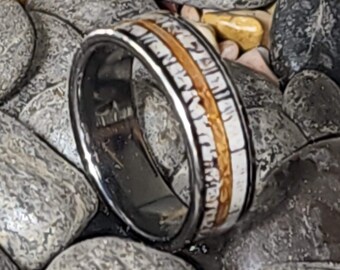 STYLE 2 - 8mm High Polish Silver Tungsten Carbide Band w/ Real Deer Antler and Reclaimed Jack Daniels Whiskey Oak Barrel Wood(US Sizes 6-15)