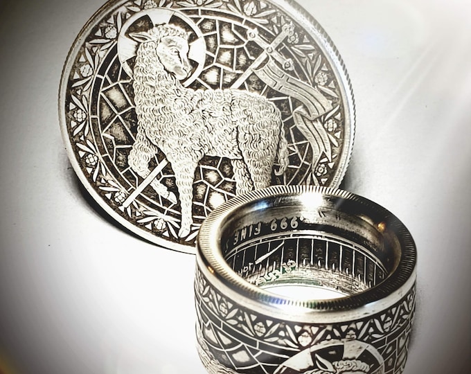 LIMITED EDITION:  "Lamb of God" Christian Coin Ring .999 Pure Silver Coin Ring (Shown in Antique Patina) Anniversary Ring, Catholic Rings