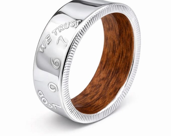 Silver JFK Half Dollar w/ a beautiful wood inner band - The Ultimate Coin Ring (1964-1976 Your Birth Year)