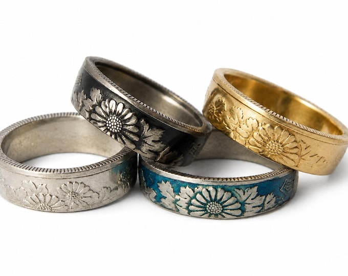 Japanese 50 Yen Coin Ring, Kanji Promise Ring, Anime Wedding Band, Woman's Ring, Floral Chrysanthemum (1967-2019) US Size 3-14