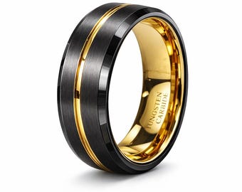 24K Gold / Black 8mm Tungsten Carbide Ring Groove Beveled Edge Comfort Fit (US Ring Size 7-16) wedding band, engagement ring