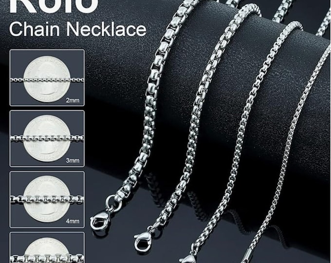 2-5mm Silver Square Rolo Chain Stainless Steel Round Box Chain Necklace Men Women (Lengths from 16" to 36" inches long)