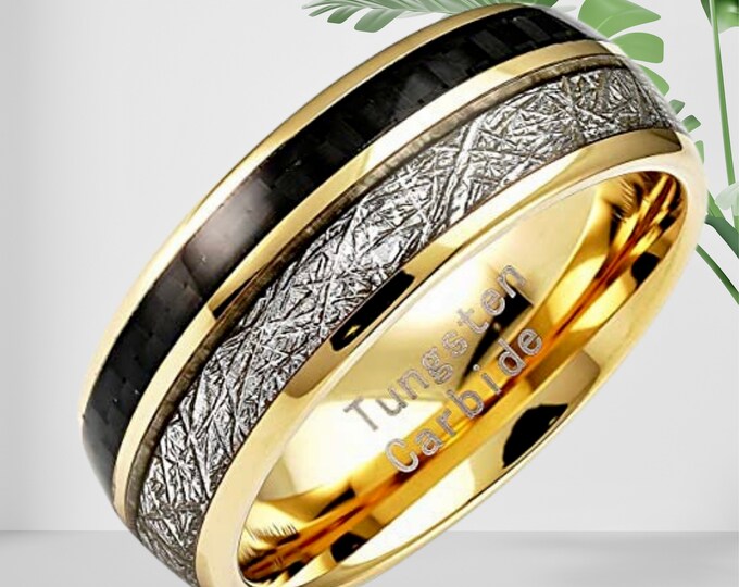 8mm 14K Gold Plated Tungsten Meteorite Ring, Dome Style, Carbon Fiber Inlay, engagement, anniversary, wedding rings, US Sizes 6-16.