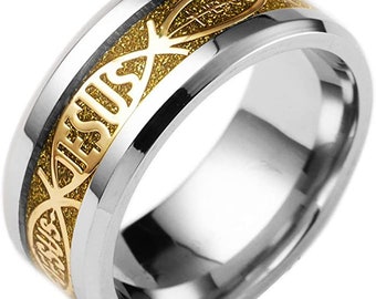 8mm Stainless Steel Gold Band, Jesus Rings, Christian Wedding Band, Promise, Engagement, anniversary, Valentine's Day gift, US Sizes 6-14.