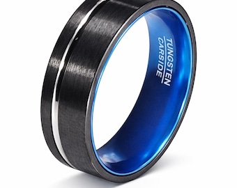 8mm Brushed Black & Chrome Channel Tungsten Carbide over Chroma-Blue Wedding Band | Engagement Ring | Anniversary (US Size 7-14)