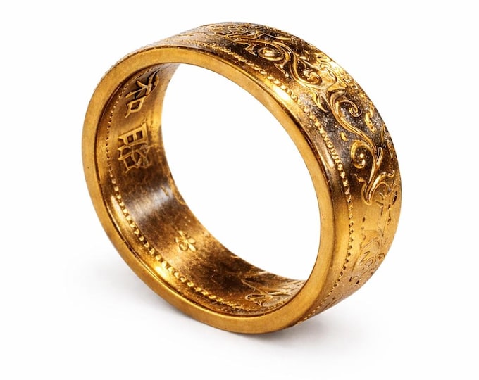 6mm Coin Ring (Precious Metal or Powder Coated), Japanese Jewelry, Floral Cherry Blossom Coin Ring, Paulownia 1 Sen 1916-1938 (US Size 3-14)