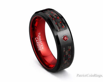 8mm Black & Red Tungsten Carbide Wedding Band Ring w/ Black Carbon Fiber Inlay Red Garnet CZ Gem January or July birthdays