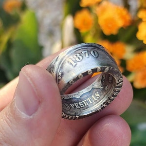 1870 Spain&#39;s Espana 5 Pesetas Coin Ring!  90% Pure Silver!  Nice weight (Sized from US 6-20).  Spanish Heritage Ring, Provisional Government