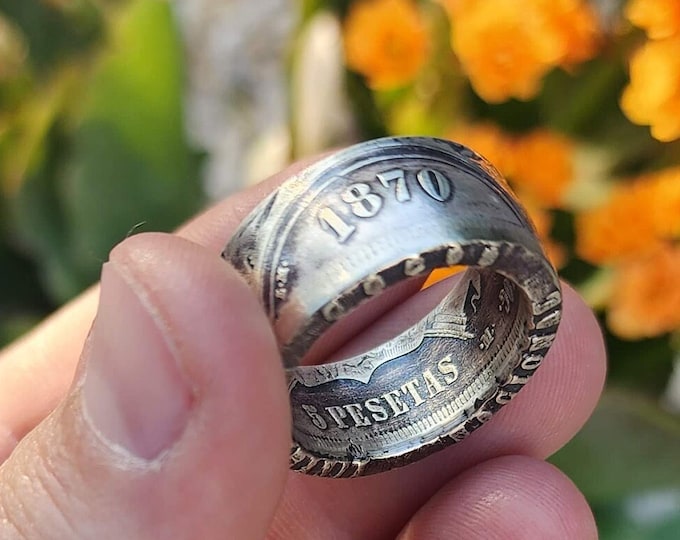 1870 Spain's Espana 5 Pesetas Coin Ring!  90% Pure Silver!  Nice weight (Sized from US 6-20).  Spanish Heritage Ring, Provisional Government