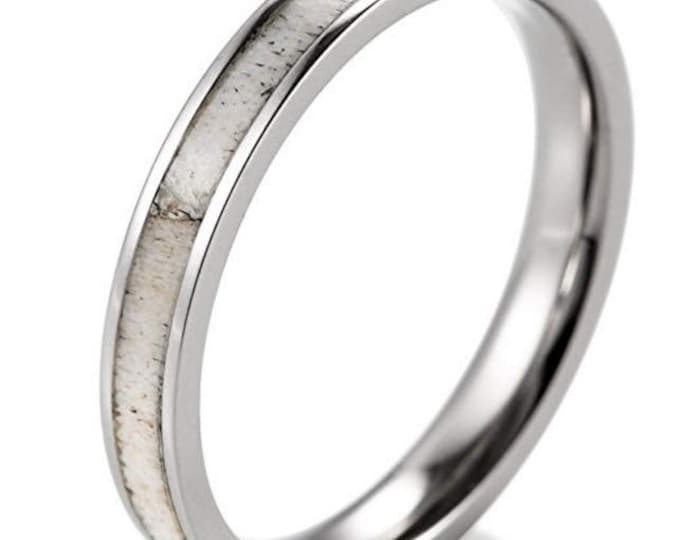 REG 179.95 - 3mm Women's Silver Titanium Ring with Real Deer Antler Inlay (wedding, anniversary, engagement, rustic, hunters, ladies band)