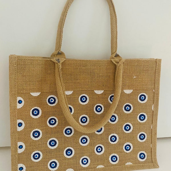 Evil Eye Jute Tote Bag