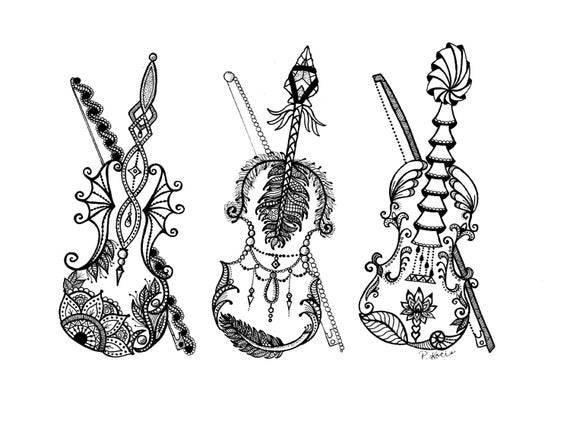 Skrzypce Zentangle Sztuka Rysunki Długopis I Atrament Czarno Białe Ręcznie Rysowane Custom Art Ozdobny Rysunek Instrumenty Muzyczne