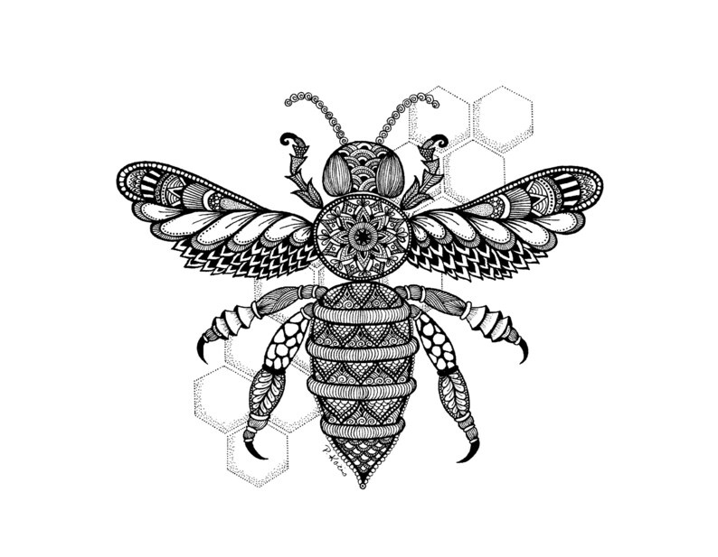 Bee Honeybee Zentangle Art Drawings Pen and Ink Black | Etsy