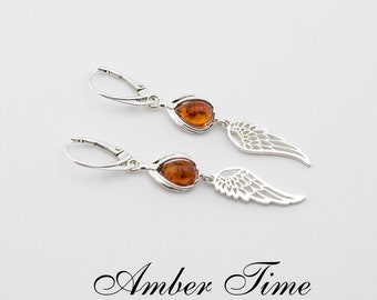 KB0441 Wings. Natural Baltic Amber Wings Dangle Earrings & Sterling Silver 925