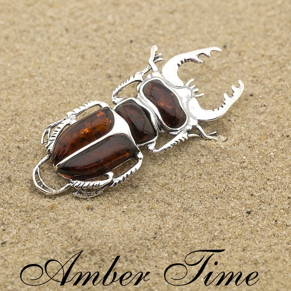 MB0495 Amber Scarab Brooch & Sterling Silver 925. FREE COURIER SHIPMENT