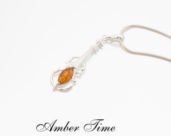 ZB0116 Violin Cognac Amber Pendant & Sterling Silver 925