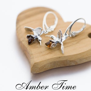 KB0647 Hummingbird Natural Baltic Amber Earrings & Sterling Silver 925.