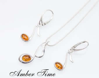 SET0196 Baltic Amber  Note, Tune, Pendant and  Earrings & Sterling Silver 925. FREE COURIER SHIPMENT